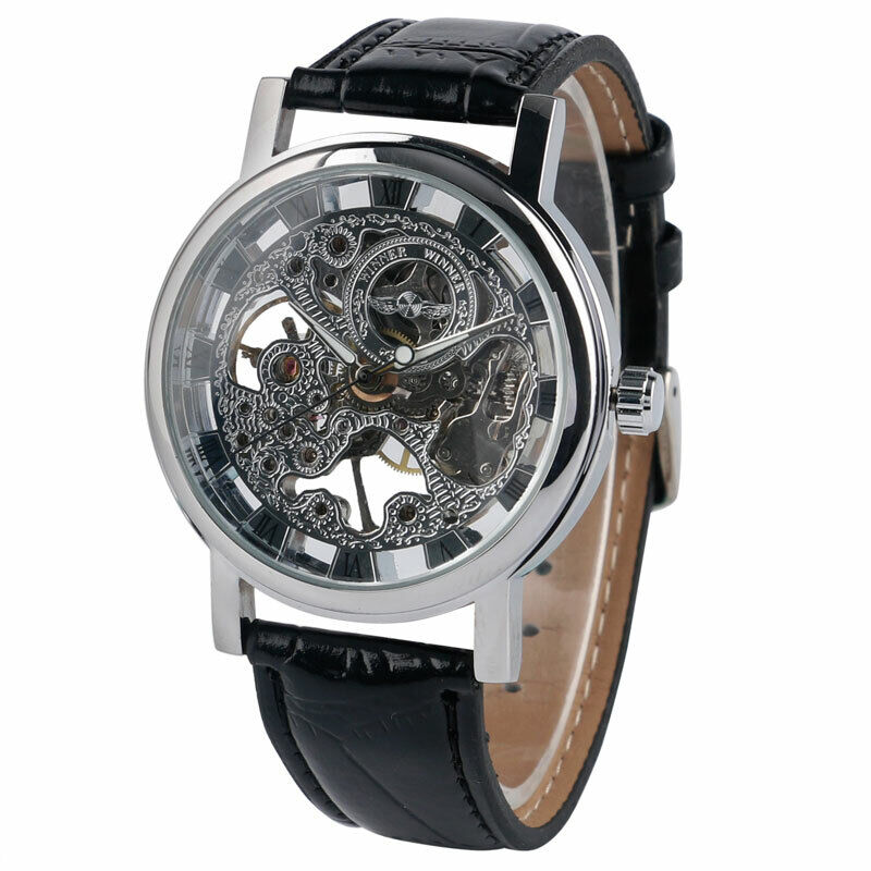 Luxury Watch Nice - แบรนด์หรู Hand-Winding นาฬิกาโครงกระดูกเงิน Dial สีดำ PU