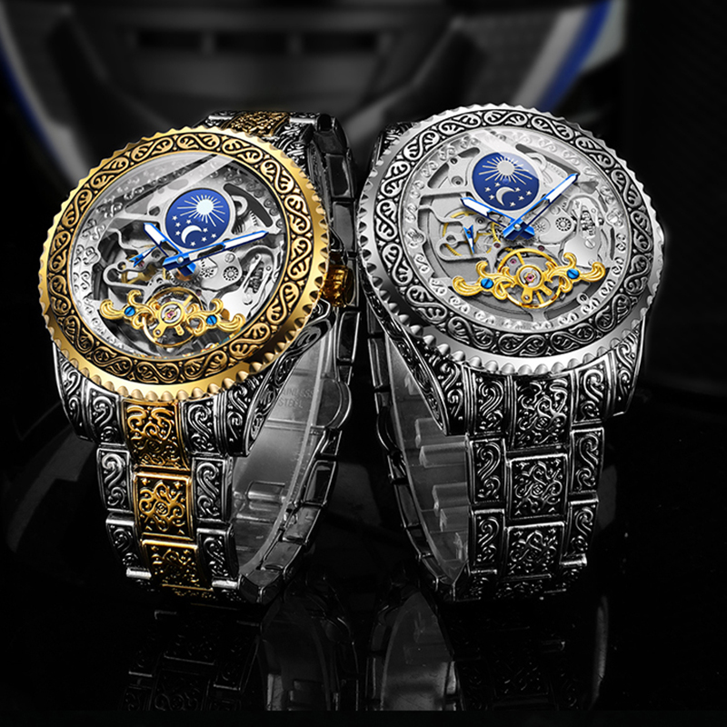Moonphase Complication Watch - ForXining นาฬิกาข้อมือกลไกออโตเมติกสุดหรูแบบใสตัวเรือนสแตนเลสนาฬิกา Moonphase สำหรับผู้ชาย