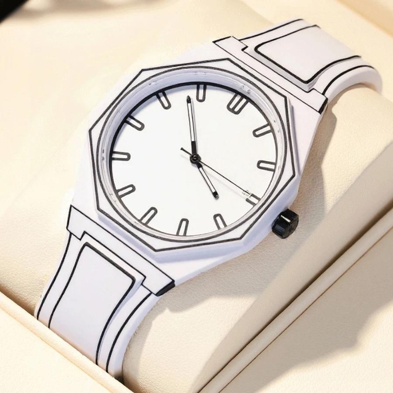 Luxury Watch White - นาฬิกาควอตซ์แฟชั่นใหม่สำหรับชายหญิง สีดำ สีขาว สไตล์อนิเมะคลาสสิก สายซิลิโคน นาฬิกาข้อมือผู้ชาย