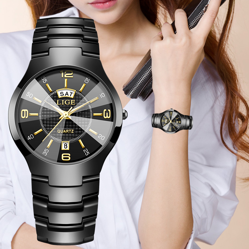 Luxury Watch - นาฬิกาข้อมือผู้หญิง LIGE แฟชั่นหรูหรา สายเซรามิก แสดงวันที่และวันในสัปดาห์ กันน้ำ