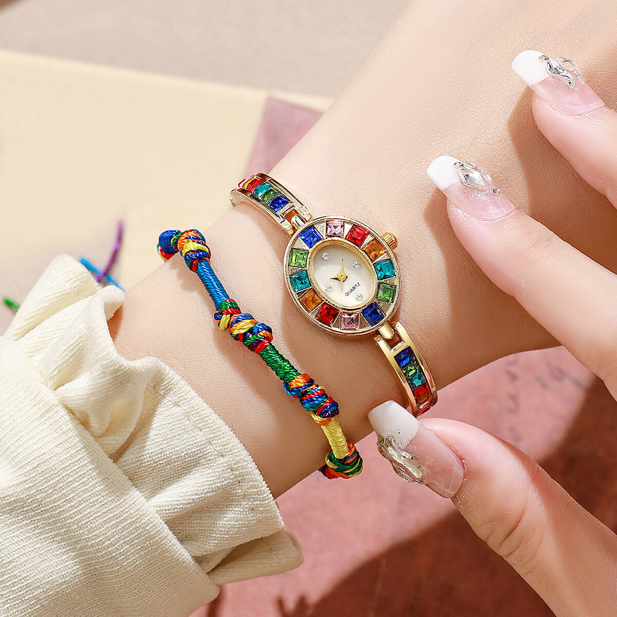 Luxury Watch Storage - 2 ชิ้น/เซ็ตหรูหราไรน์สโตนนาฬิกาผู้หญิงแฟชั่นสร้อยข้อมือควอตซ์นาฬิกาสร้อยข้อมือชุดเรโลจ มูเยร์(ไม่มีกล่อง)