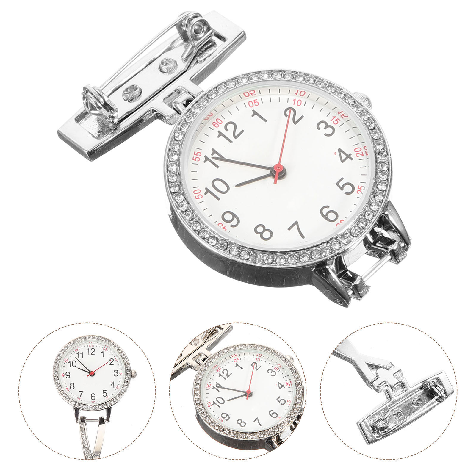 Luxury Watch White - นาฬิกาพกพยาบาลแบบแขวน สีเงิน พร้อมคลิปหนีบอเนกประสงค์ สำหรับตกแต่ง