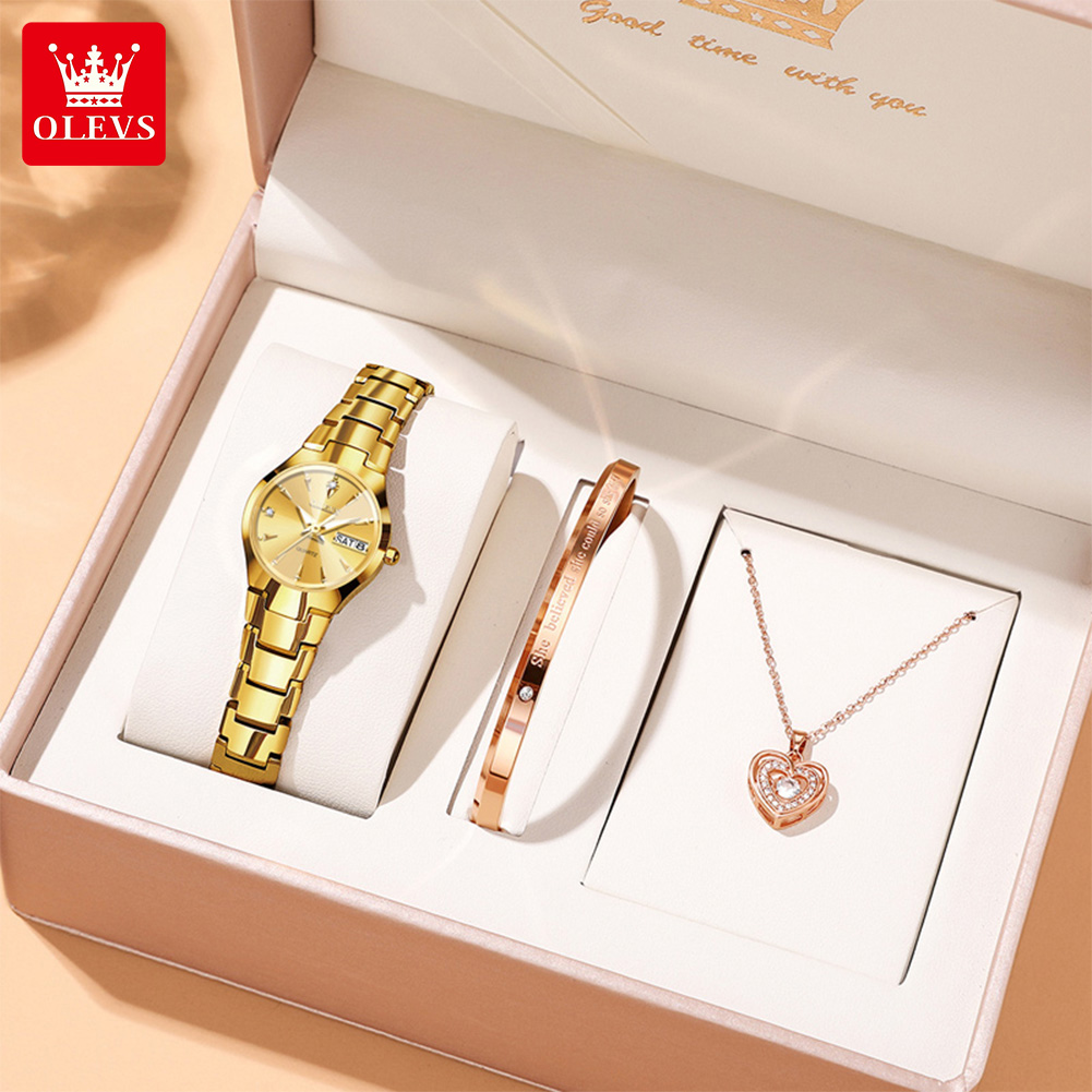 Luxury Watch - OLEVS สุภาพสตรีนาฬิกา 8697 หรูหราควอตซ์นาฬิกากันน้ําทังสเตนเหล็กวันที่นาฬิกาสําหรับนาฬิกาผู้หญิงชุดสร้อยข้อมือ