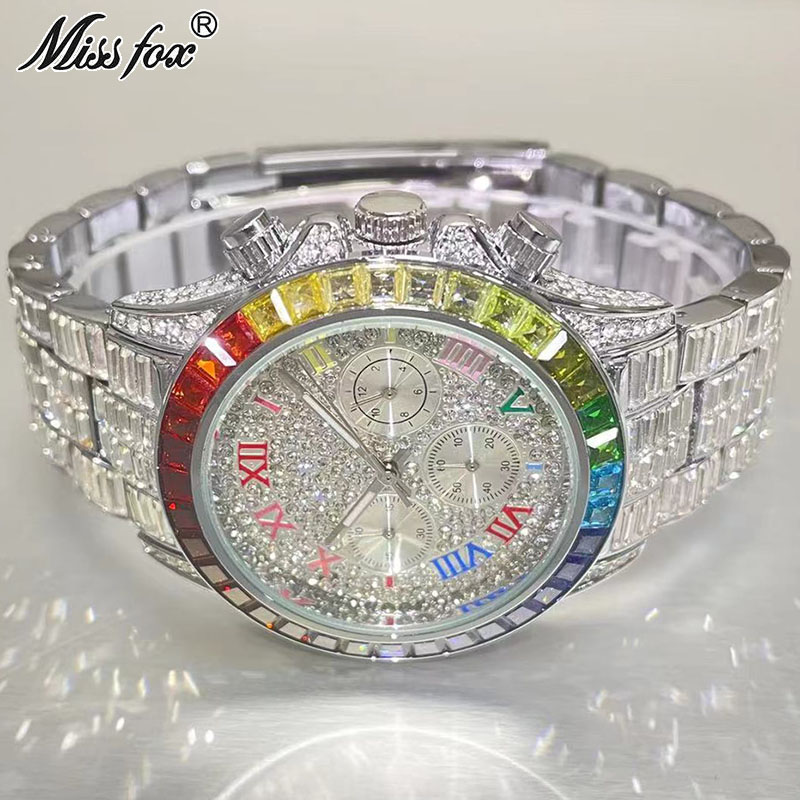 Luxury Watch Magazine - MISSFOX Luxury Iced นาฬิกาผู้ชายแฟชั่นแบรนด์กันน้ำนาฬิกาควอตซ์ Rainbow สี่เหลี่ยมผืนผ้าเพชรนาฬิกาข้อมือของขวัญ