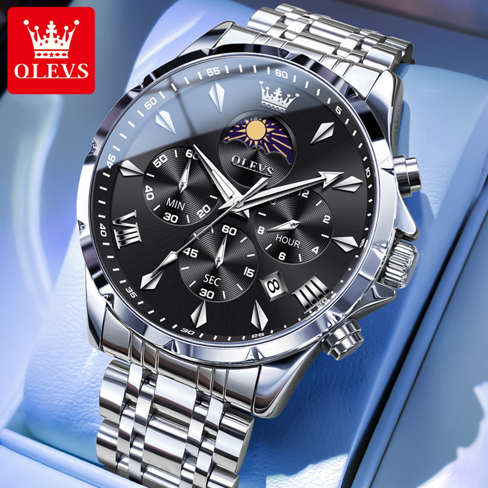 Luxury Watch Magazine - OLEVS 3653 ยี่ห้อ Moon Phase ปฏิทินนาฬิกาผู้ชายนาฬิกาควอตซ์กันน้ําสําหรับชายสแตนเลสธุรกิจนาฬิกาข้อมือโครโนกราฟ