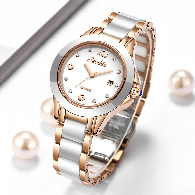Luxury Watch - ซุนก้าต้าแฟชั่นนาฬิกาควอทซ์ผู้หญิงลำลองหรูหราเซรามิคเพชรปฏิทินกันน้ำสุภาพสตรีนาฬิกาผู้หญิงมงเตร เฟมม์