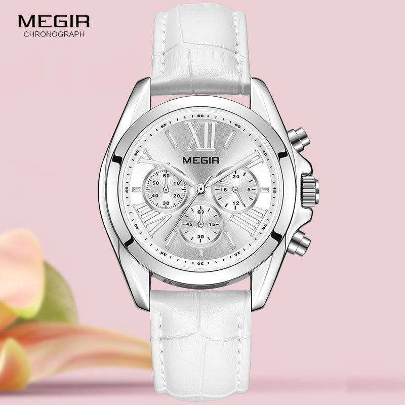 Luxury Watch White - MEGIR2019 ใหม่หรูหราหนังนาฬิกาผู้หญิงหญิงTOPยี่ห้อChronographควอตซ์นาฬิกาข้อมือผู้หญิงRelogios Femininosนาฬิกา 2114 สีขาว