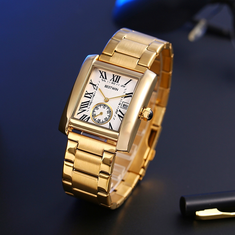Luxury Watch White - ผู้ชายหรูหรานาฬิกาผู้ชายทองสีขาวโรมันนาฬิกาดิจิตอลควอตซ์สายโลหะสี่เหลี่ยมผืนผ้าคลาสสิกนาฬิกาแบรนด์ธุรกิจนาฬิกาผู้ชาย