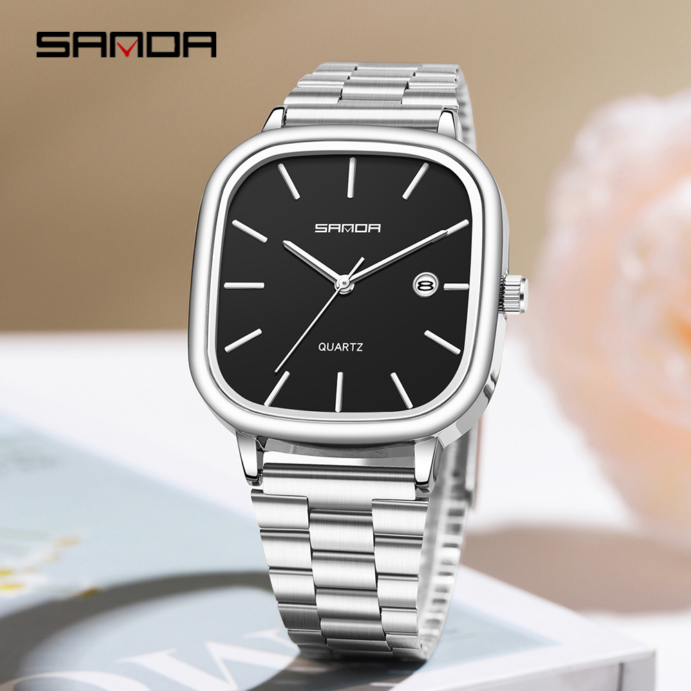 Luxury Watch Shop - SANDA นาฬิกาควอทซ์คู่สำหรับผู้ชายและผู้หญิงนาฬิกาทรงสี่เหลี่ยม 3ATM กันน้ำปฏิทินของขวัญวันวาเลนไทน์ที่เรียบง่ายและสง่างาม