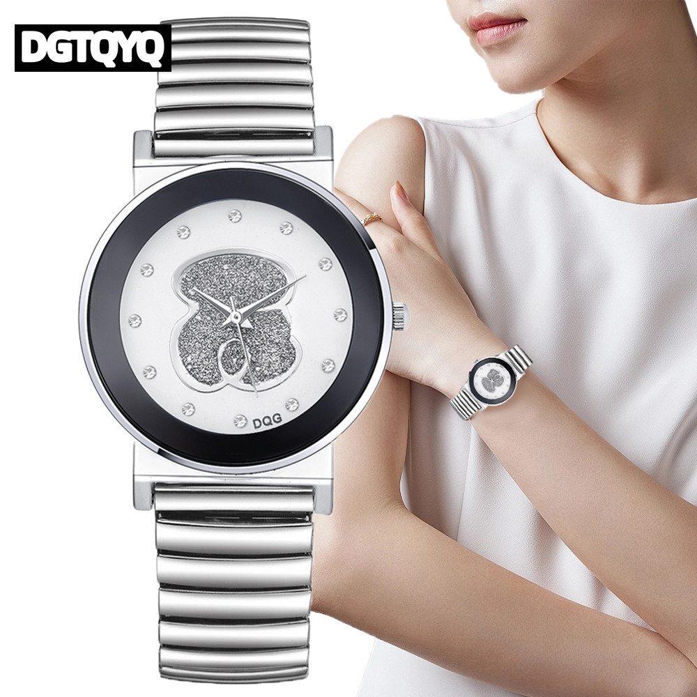 Luxury Watch White - นาฬิกาควอตซ์แบรนด์ดัง ดีไซน์เรียบหรู ประดับเพชร ลายหมีขาวดำ สำหรับผู้หญิง สายยืดหยุ่น