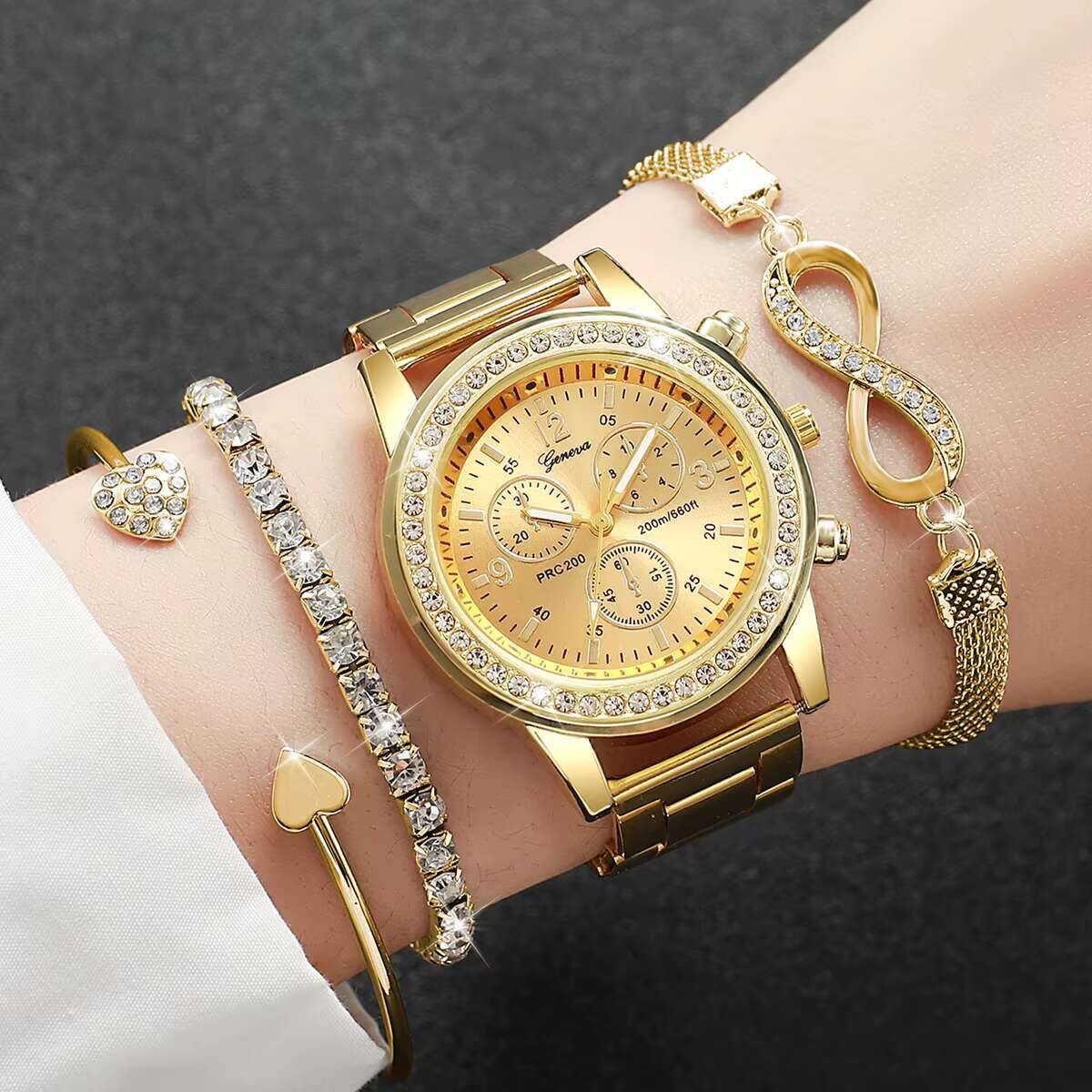 Luxury Watch Storage - 4 ชิ้น/เซ็ตหรูหราไรน์สโตนนาฬิกาผู้หญิงแฟชั่นสุภาพสตรีนาฬิกาควอตซ์ชุดสร้อยข้อมือเรโลจ มูเยร์(ไม่มีกล่อง)