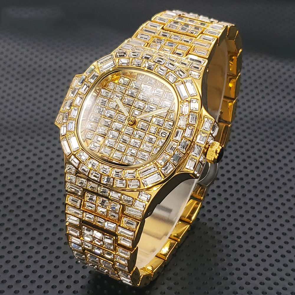 Luxury Watch Grade - นาฬิกาข้อมือหินเต็มเกรดพรีเมียม สไตล์ฮิปฮอป ควอตซ์ แฟชั่นธุรกิจ นาฬิกาเครื่องประดับ สีทอง