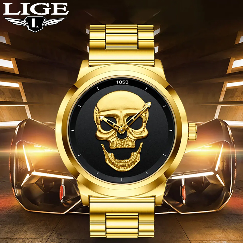 Luxury Watch Holder For Men - Lige นาฬิกาควอตซ์สำหรับผู้ชายแบรนด์หรูสุดสร้างสรรค์ลายกะโหลกสแตนเลสสตีลนาฬิกากันน้ำสำหรับกีฬาลำลองพร้อมกล่องใส่3D