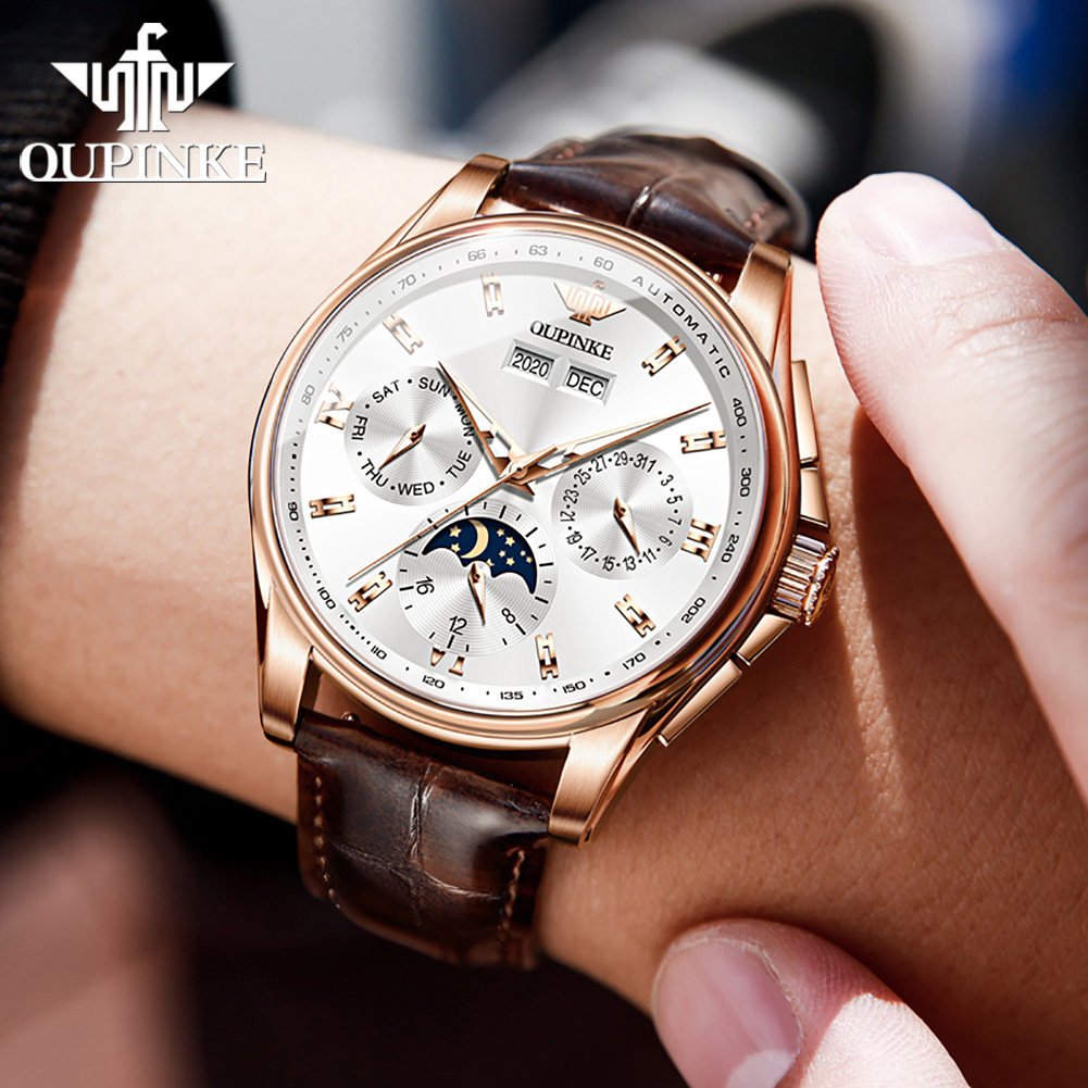 OUPINKE 3189 ผู้ชายอัตโนมัตินา - Moonphase Complication Watch บทวิจารณ์และราคา
