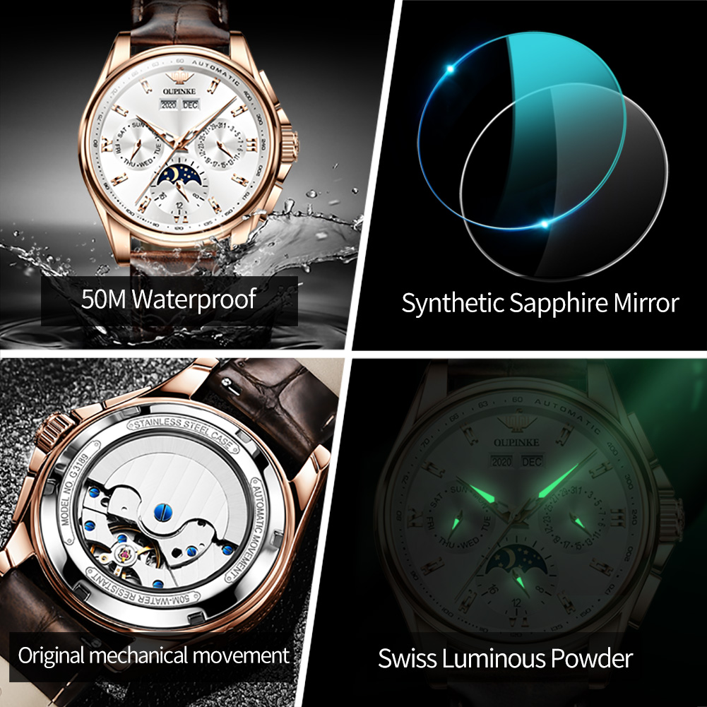 OUPINKE 3189 ผู้ชายอัตโนมัตินา - Moonphase Complication Watch บทวิจารณ์และราคา