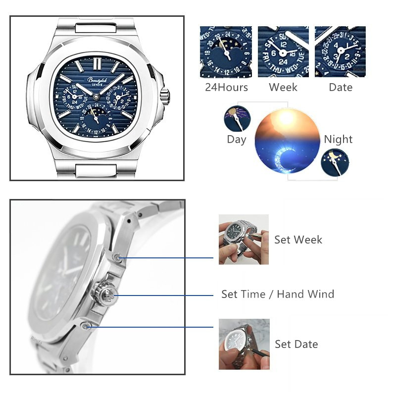 สวิตเซอร์แลนด์ รินิฟานาฬิกาอัต - Moonphase Complication Watch บทวิจารณ์และราคา